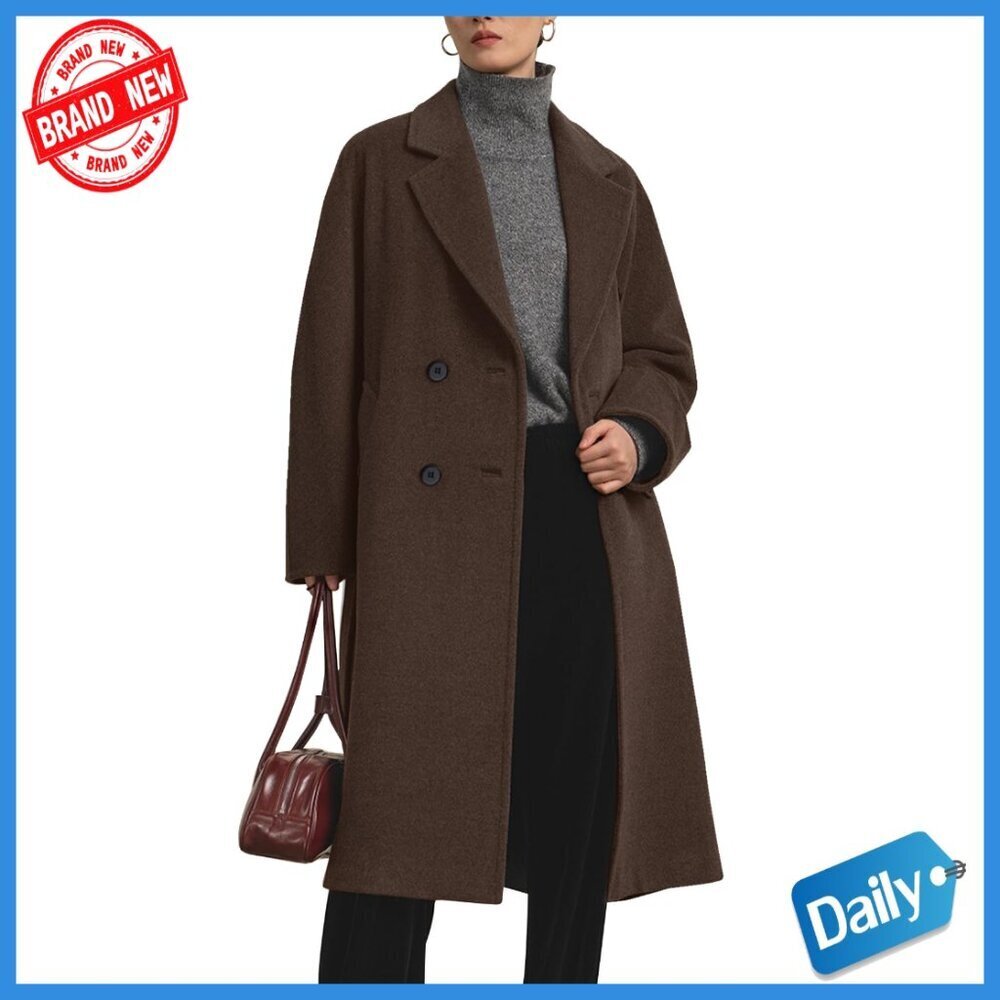 Long Pea Coat Double Breasted Notch Lapel Trench Overcoat Winter Wool Blend